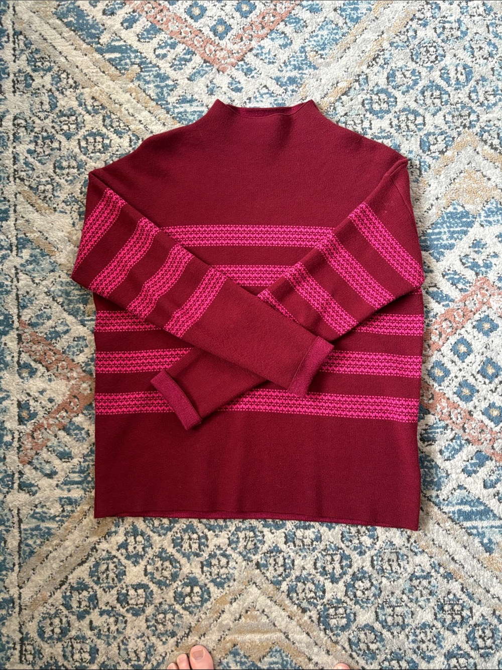 Tahari Burgundy Mock-neck Sweater with Pink Stripes